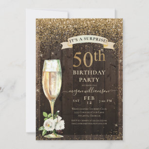 Rustic Wood Gold Floral Surprise 50th Birthday Kaart