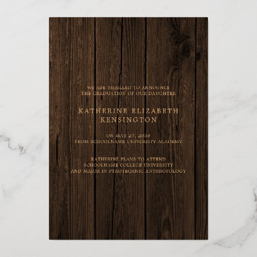 Rustic Wood Gold Handwrited Photo Afstuderen Folie Uitnodiging (Achterkant)