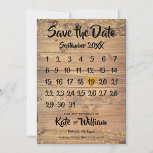 Rustic Wood Gold Love Heart Calendar Save the Date