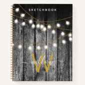 Rustic Wood Gold String Lights Monogram Sketchbook Notitieboek (Voorkant)