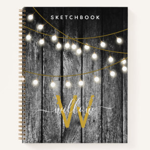 Rustic Wood Gold String Lights Monogram Sketchbook Notitieboek