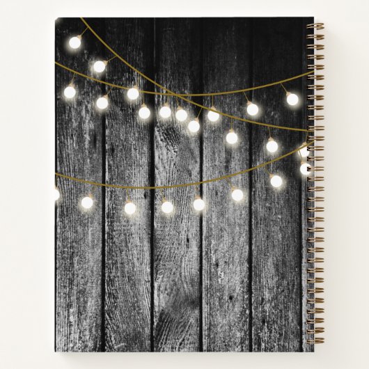 Rustic Wood Gold String Lights Monogram Sketchbook Notitieboek (Achterkant)
