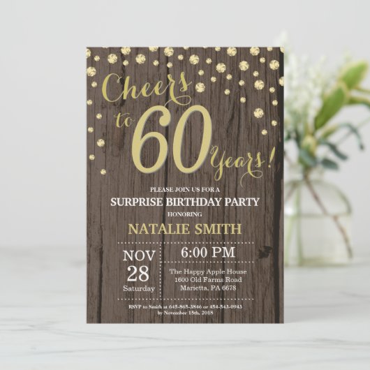 Rustic Wood Gold Surprise 60th Birthday Diamond Kaart (Staand voorkant)