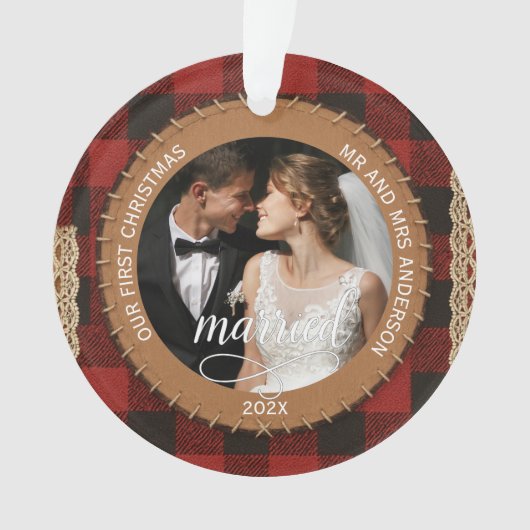 Rustic Wood Grain Plaid First Christmas Married (devant)
