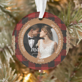 Rustic Wood Grain Plaid First Christmas Married Ornament