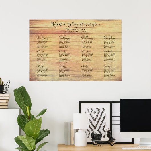 Rustic Wood Grain Wedding Reception Sezing Chart Poster (Thuiskantoor)