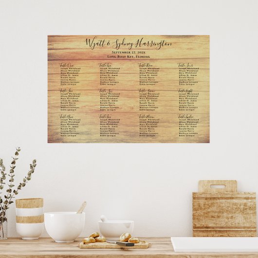 Rustic Wood Grain Wedding Reception Sezing Chart Poster (Keuken)