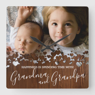 Rustic Wood Grandma & Grandpa Foto Vierkante Klok