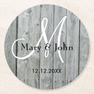 Rustic Wood Gray Wedding Monogram Ronde Kartonnen Onderzetter