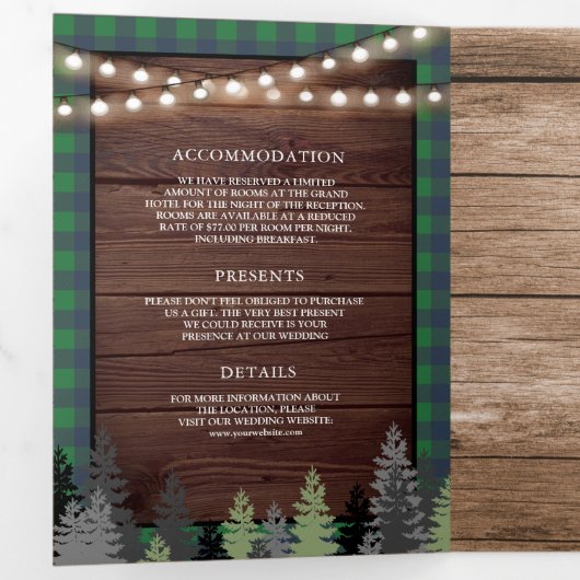 Rustic Wood  Green Kerstfeest Weddenschap Drieluik Uitnodiging (Binnenzijde eerst)