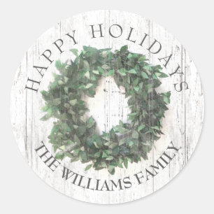 Rustic Wood Green Wreath Monogrammed Ronde Sticker