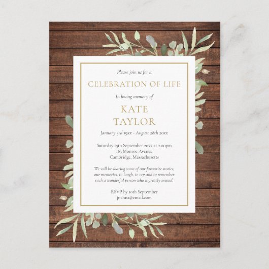 Rustic Wood Greenery Celebration of Life Funeral Aankondigingskaart (Voorkant)