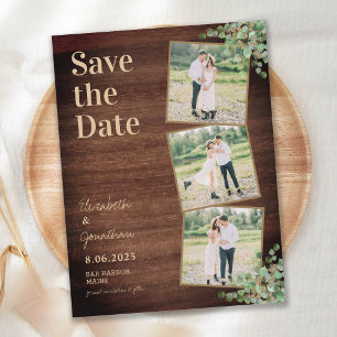 Rustic Wood Greenery Eucalyptus Photo Collage Sav Aankondigingskaart