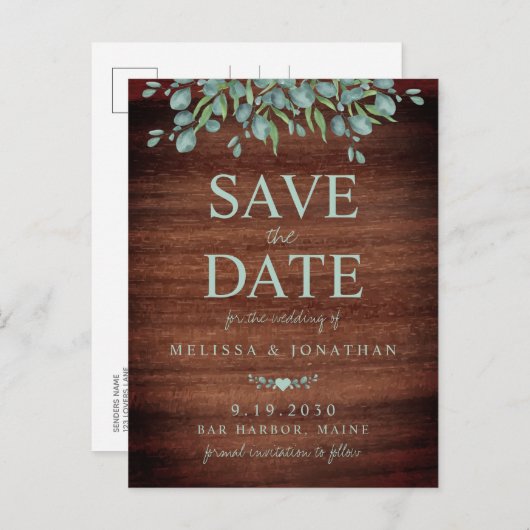 Rustic Wood Greenery Eucalyptus Save the Date Aankondigingskaart (Voorkant / Achterkant)