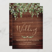Rustic Wood Greenery Gold QR Code Wedding Kaart (Voorkant / Achterkant)