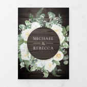 Rustic Wood Greenery Ivory Floral QR Code Weddensc Drieluik Uitnodiging (Cover)