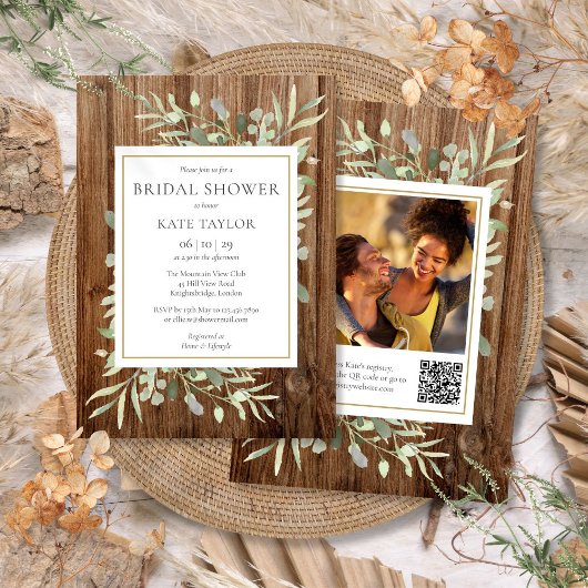 Rustic Wood Greenery QR Code Foto Vrijgezellenfees Kaart