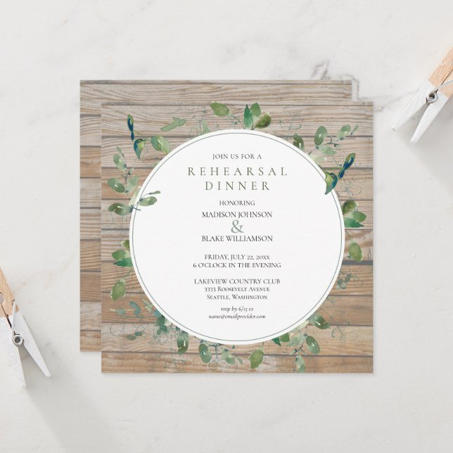 Rustic Wood Greenery Rehearsal Dinner Invitation (Voorkant / Achterkant in situ)