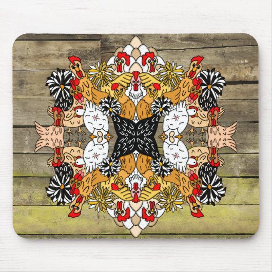 Rustic Wood Hand Drawn Funny Cartoon Chicken Art Muismat (Voorkant)