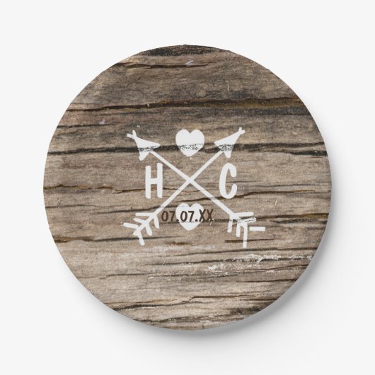 Rustic Wood Hearts & Arrows Country Wedding Borden Papieren Bordje (Voorkant)