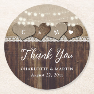 Rustic Wood Hearts Monogram Wedding Bedankt Ronde Kartonnen Onderzetter