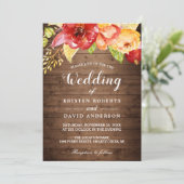 Rustic Wood herfst Gold Red Floral Fall Wedding Kaart (Staand voorkant)