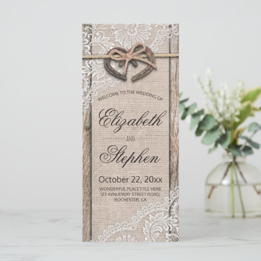 Rustic Wood Hoefijzers Burlap Wedding Programme Programma (Staand voorkant)