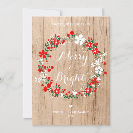 Rustic Wood Holiday Floral Wreate kerstKaart (Voorkant)
