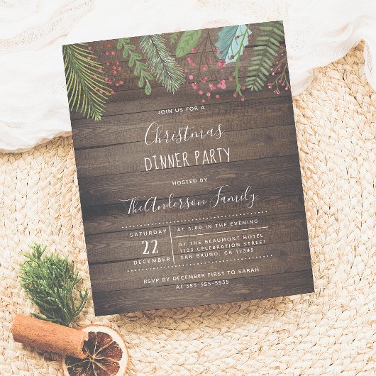 Rustic Wood Holly & Pine Holiday Party Invitation