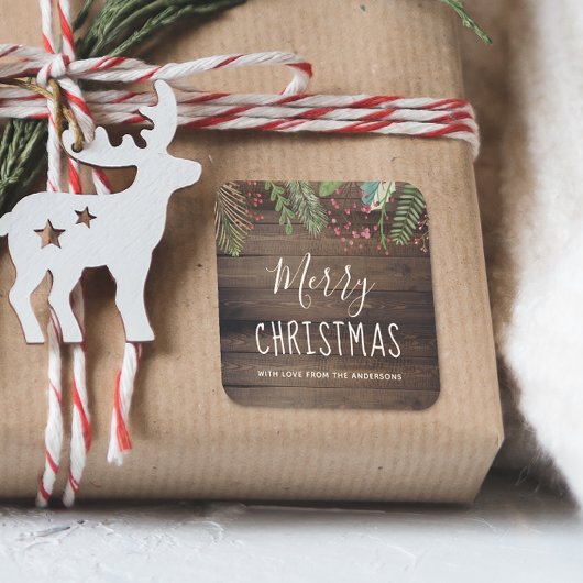 Rustic Wood Holly & Pine Kerstfeestdag Vierkante Sticker