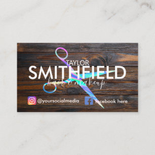 Rustic Wood Holo Scissors Hair & Makeup Trendy Visitekaartje