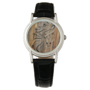 Rustic Wood Horse Horloge