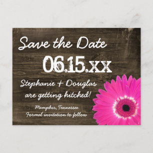 Rustic Wood Hot Pink Daisy Save the Date Briefkaar Aankondigingskaart