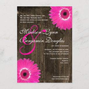 Rustic Wood Hot Pink Daisy Wedding Invitations Kaart