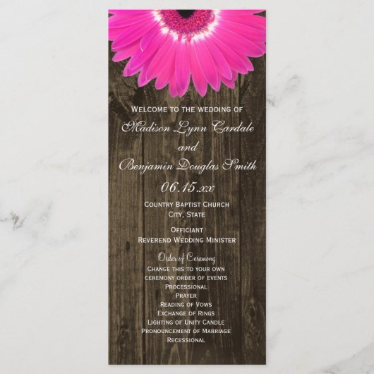 Rustic Wood Hot Pink Gerber Daisy Wedding Programs Programma (Voorkant)