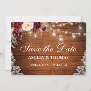 Rustic Wood Jar Licht Floral Lace Save the Date