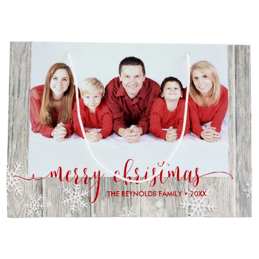 Rustic Wood Joyeux Photo de Noël - Grand sac cadea (Dos)