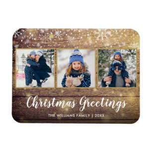 Rustic Wood kerstgereetings 3 Foto Holiday Magneet