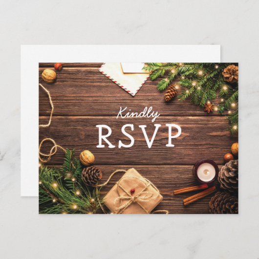 Rustic Wood Kerstmis Winter RSVP Uitnodiging Briefkaart (Voorkant / Achterkant)