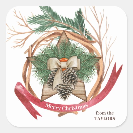 Rustic Wood kerstster Twig Wreath Vierkante Sticker (Voorkant)