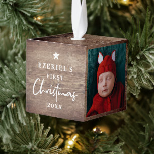 Rustic Wood Kijk baby's eerste kerstfoto Kubus Ornament