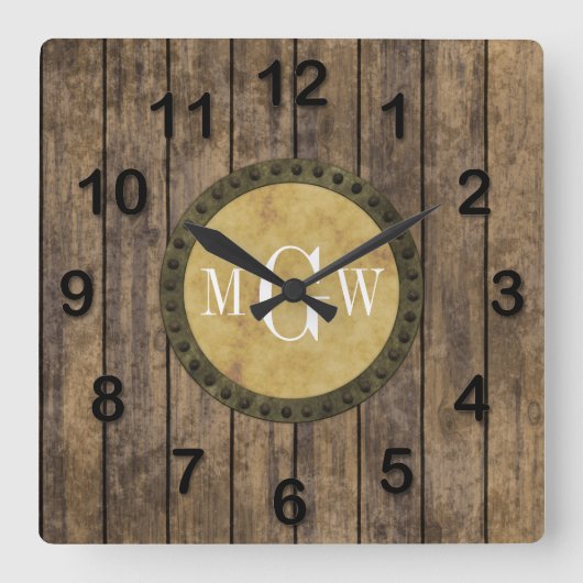 Rustic Wood Kijk Planks #1 Steampunk 3 Monogram Vierkante Klok (Voorkant)