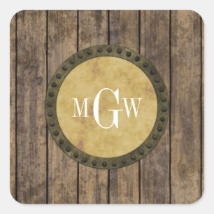Rustic Wood Kijk Planks #1 Steampunk 3 Monogram Vierkante Sticker