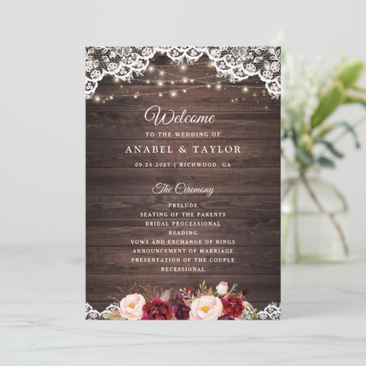 Rustic Wood Lace Blush Burgundy Wedding Programme Programma (Staand voorkant)