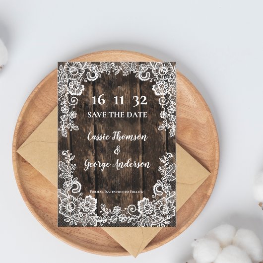 Rustic Wood Lace Country Wedding Save the Date