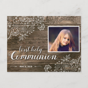 Rustic Wood Lace Eerste Communie Foto Uitnodiging Briefkaart