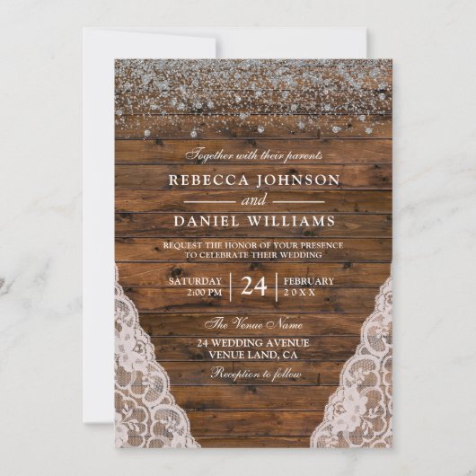 Rustic Wood Lace Glitter Confetti Wedding Invite Kaart (Voorkant)