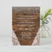 Rustic Wood Lace Glitter Confetti Wedding Invite Kaart (Staand voorkant)