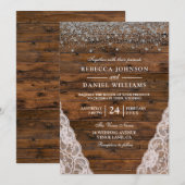 Rustic Wood Lace Glitter Confetti Wedding Invite Kaart (Voorkant / Achterkant)