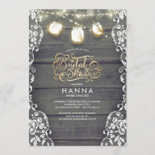 Rustic Wood Lace Mason Jar Lights Vrijgezellenfees Kaart